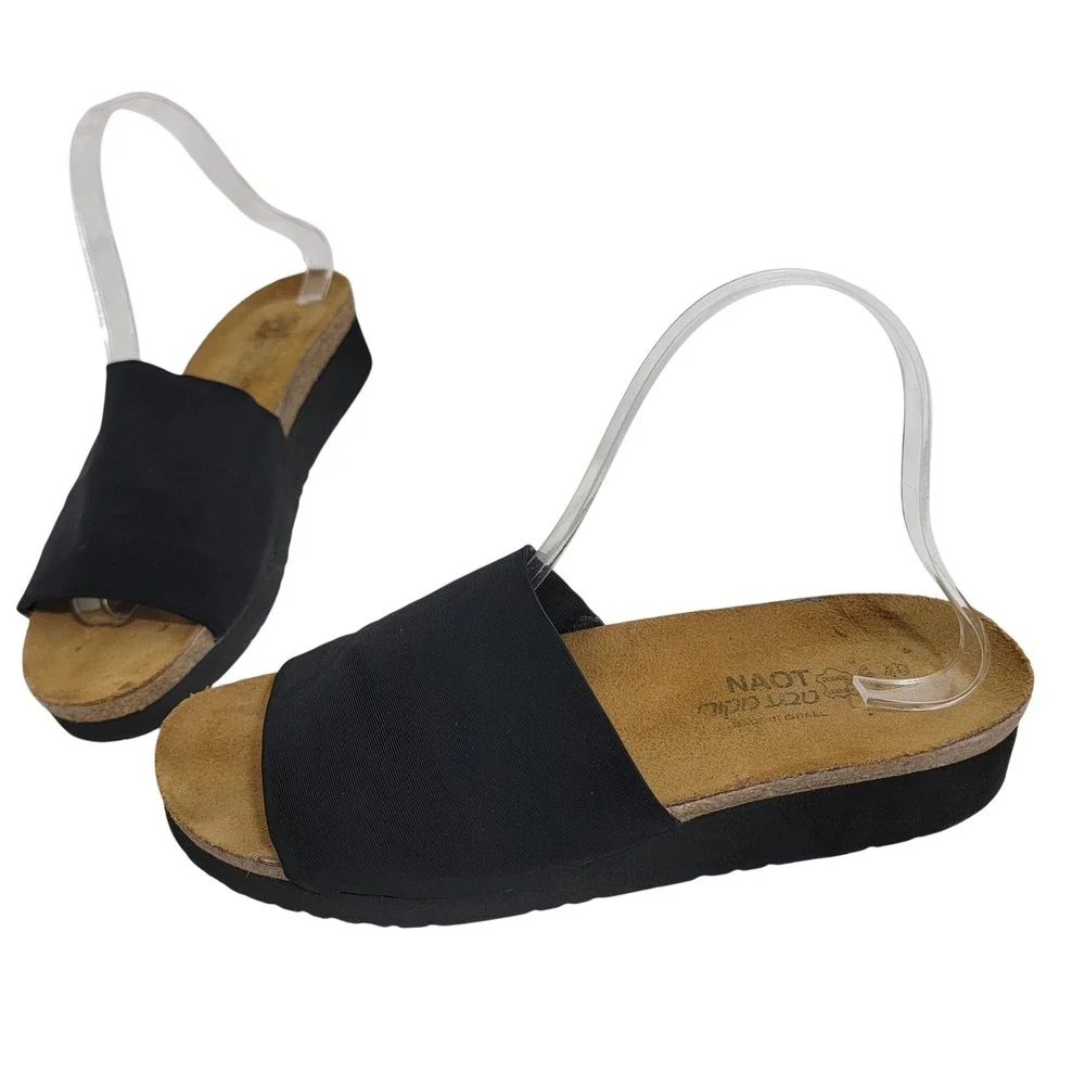 Naot Alana Black Stretch Slide Sandals Women 40 US 9 Platform Cork Footbed